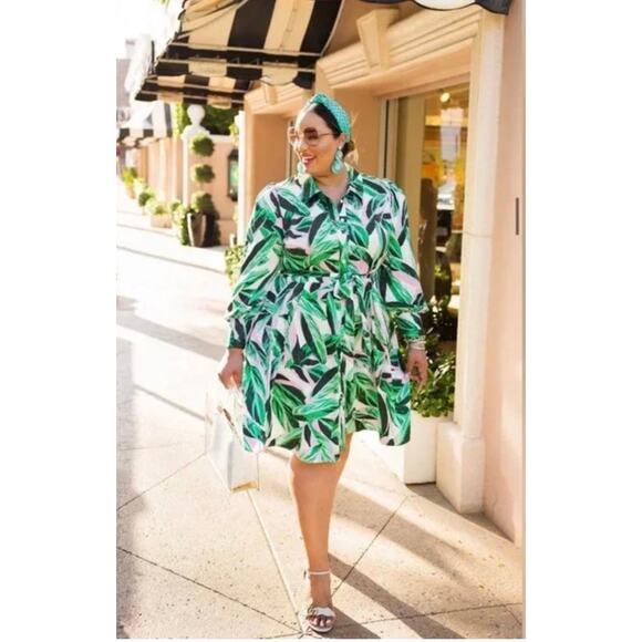 Lane Bryant Dresses & Skirts - Lane Bryant Sz 18 BeautiCurve Silky Dress Green Pink Leaf Print Belted tailored